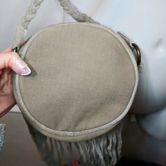 Earthbound Trading Co. Boho Tan Canvas & Studded Suede Fringed Crossbody Purse - Picture 7 of 13
